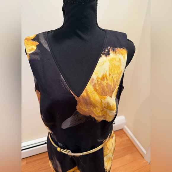White House Black Market Black and Yellow Floral Midi Dress with belt V N NWOT - Picture 7 of 16